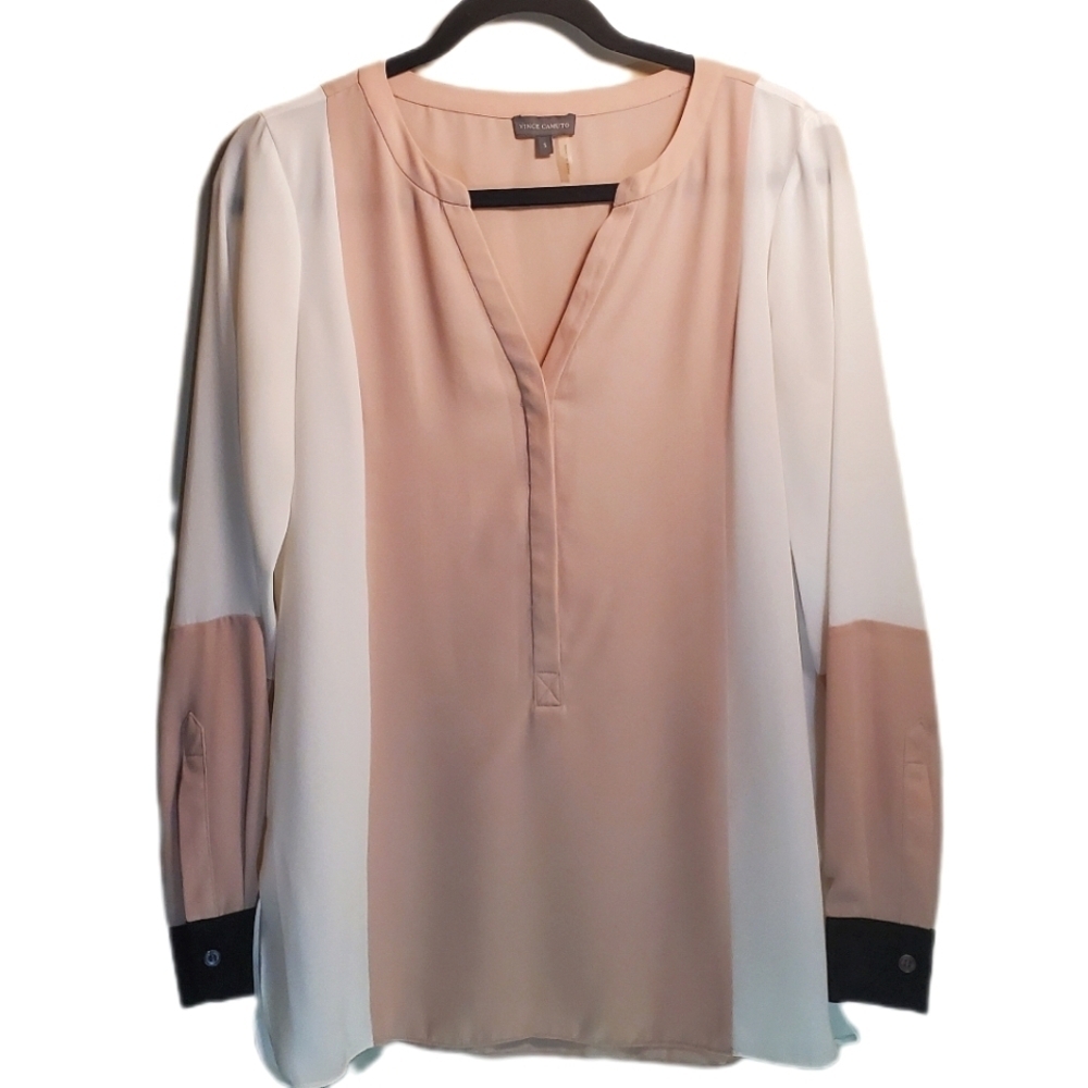 VINCE CAMUTO V-Neck Color Block Long Sleeve Blouse Blush Black White SM - EUC